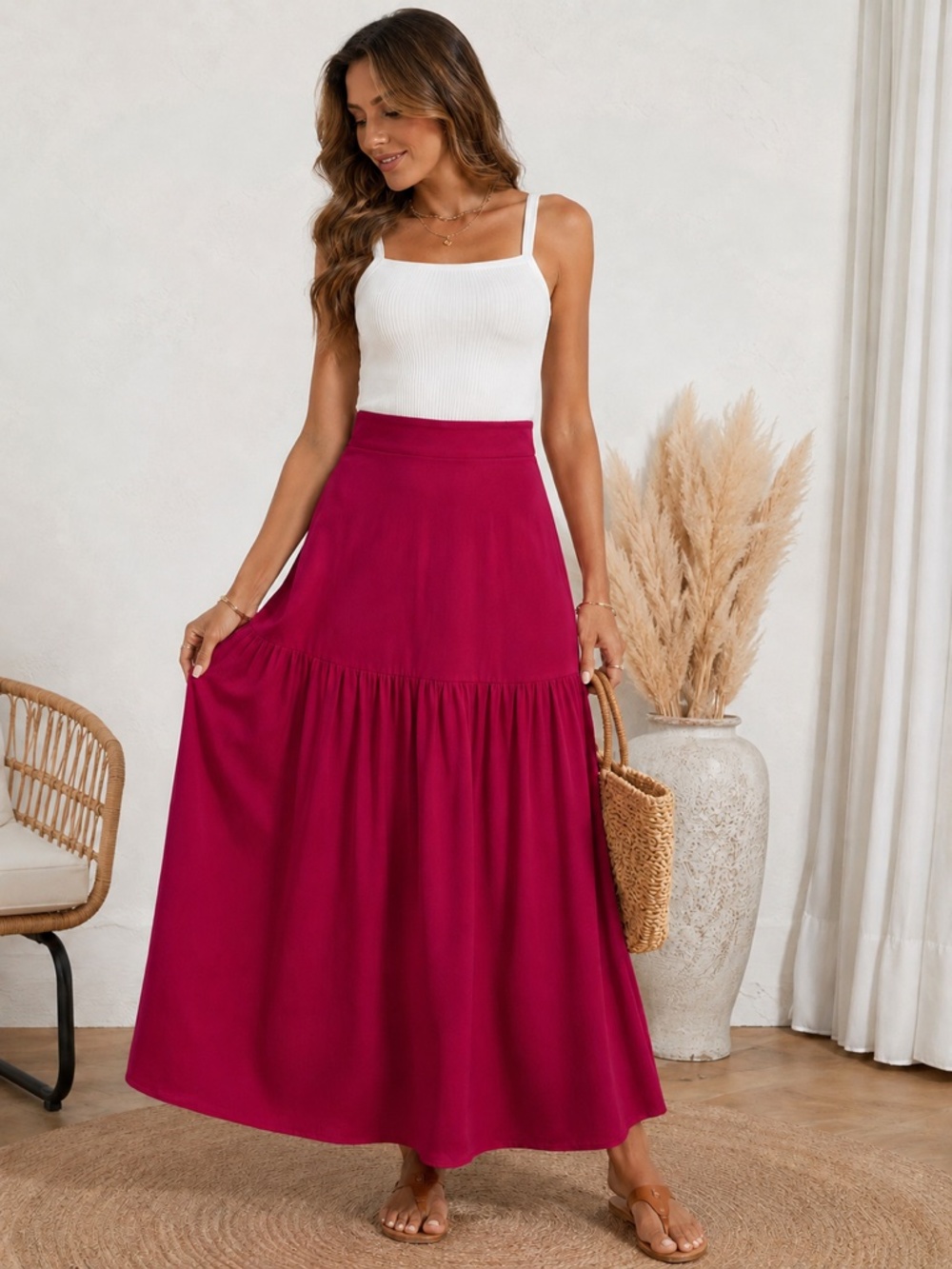 Almalee NWT Berry Pink Tiered Maxi Skirt Boho Flowy High Waist Size G